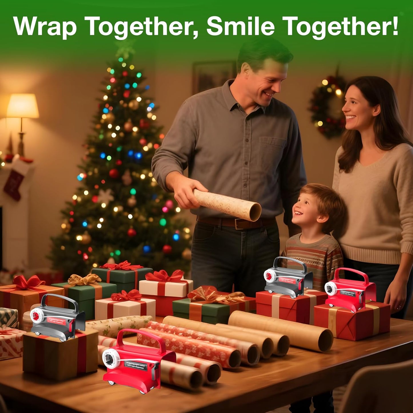 (2-Pack) Wheel Wrapping Paper Cutter & Tape Dispenser with 4 Tapes,2 Replace Blades Kit for Christmas Gift Wrap Cutter Tool Paper Roll Holder Tube Sliding Slicing for Birthday Holiday.